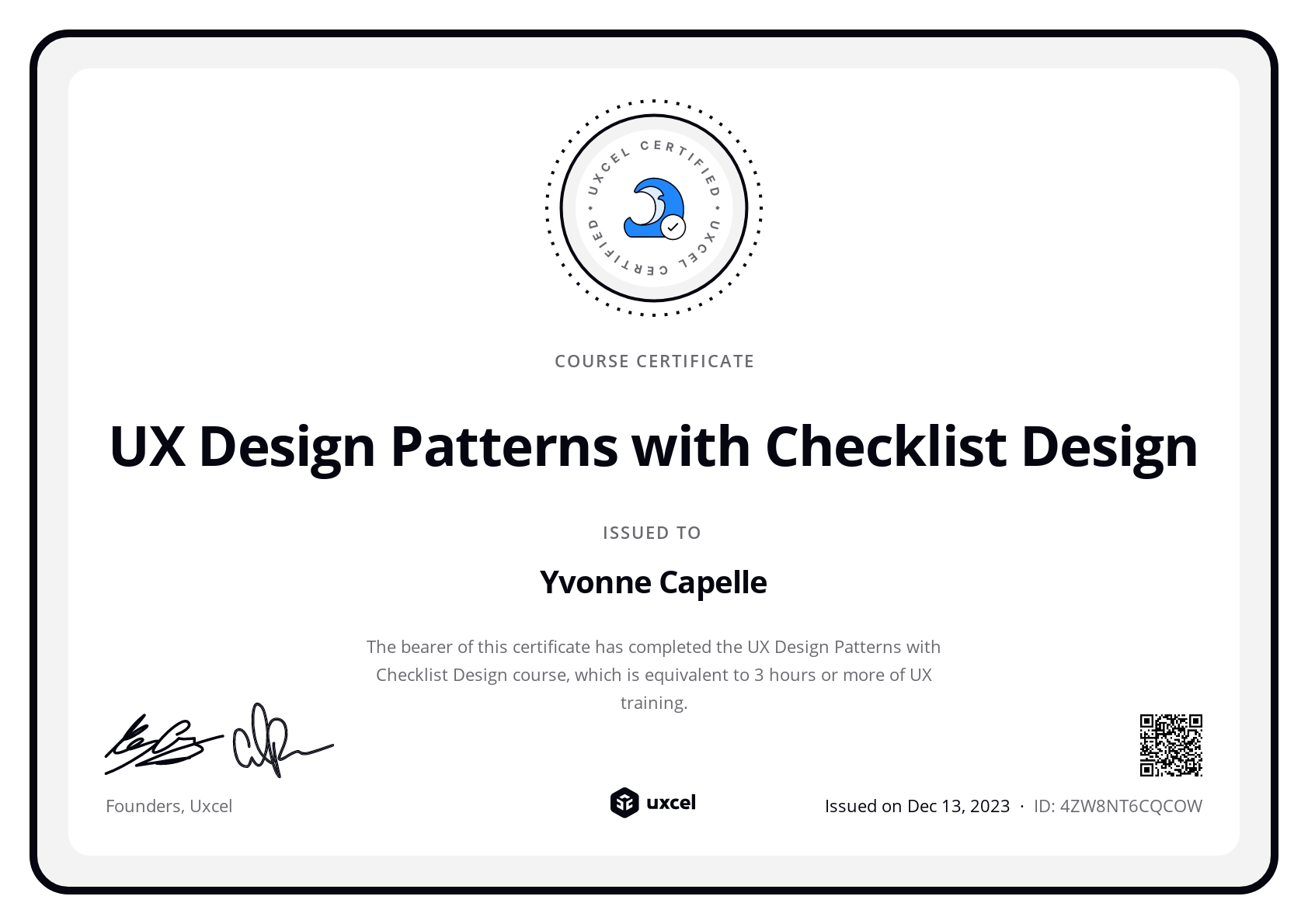 Yvonne Capelle's certificate